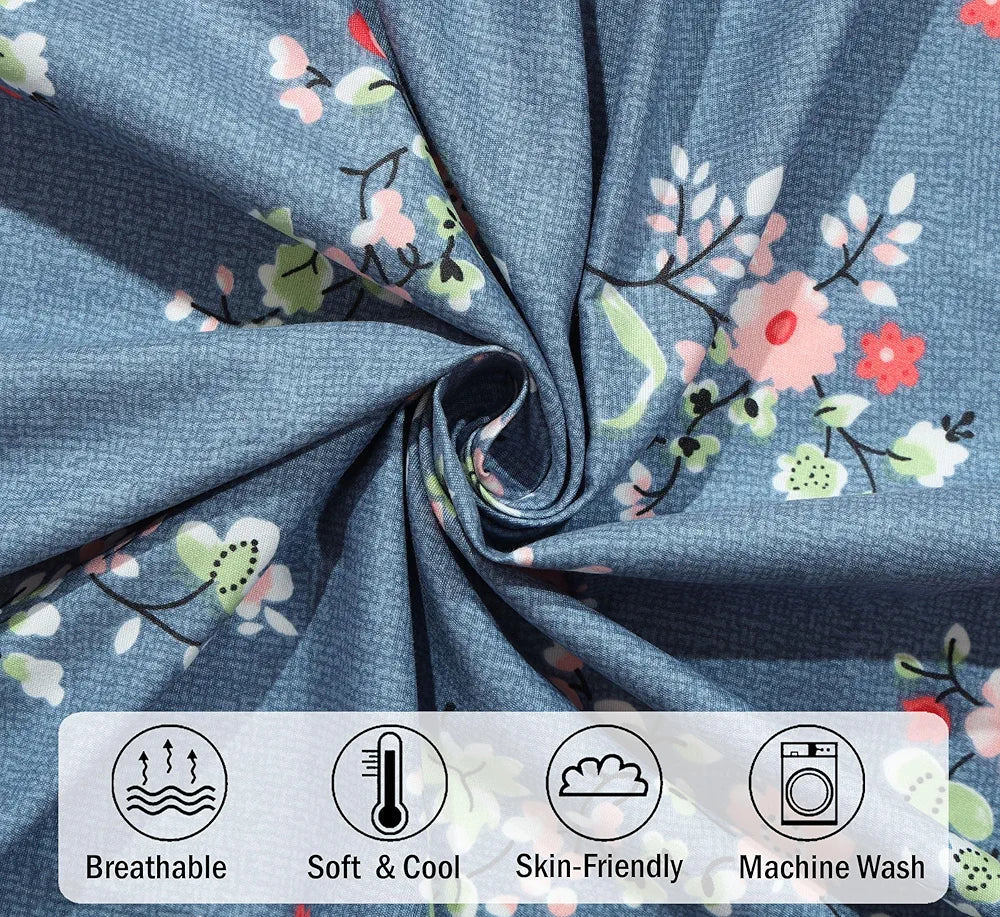 FRESH FROM LOOM Anti Fade Floral Print 240 TC Microfiber King Size Fitted Bedsheet with 2 Pillow Covers  | Greyish-Blue)