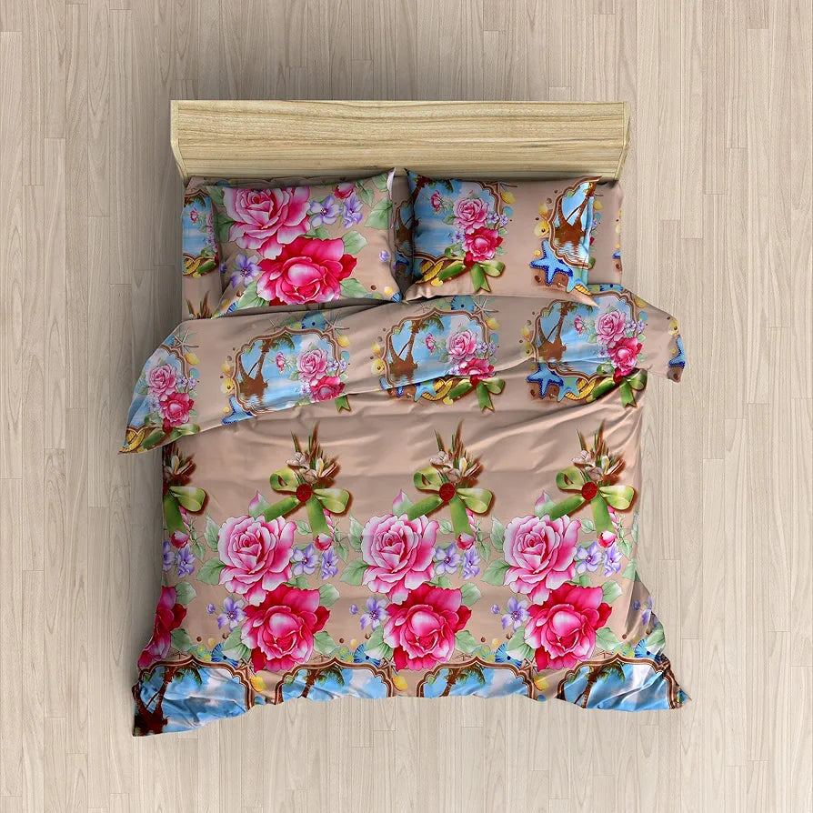 HFI 160 TC Polycotton Double Bedsheet with 2 Pillow Covers - Floral, Multicolor