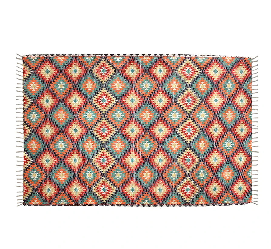 HOMADORN Handmade Sustainable Printed Modern Dhurrie/Rugs/Carpet upcycled from Scrap Fabric for Living Room/Bedside Runner for Enhanced Decor 