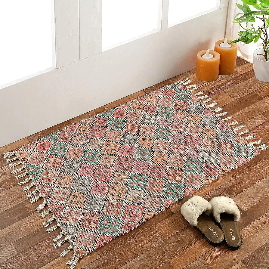 HOMADORN Handmade Sustainable Printed Modern Dhurrie/Rugs/Carpet upcycled from Scrap Fabric for Living Room/Bedside Runner for Enhanced Decor 