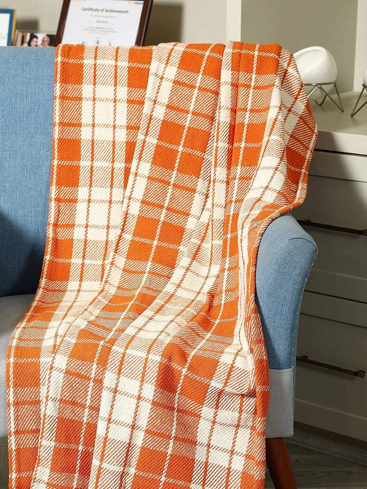 SASHAA WORLD Plaid Blanket | Throw for Living Room, Bedroom, Sofa & Chair | Orange and White Blanket | 1200g, 125x150 cm