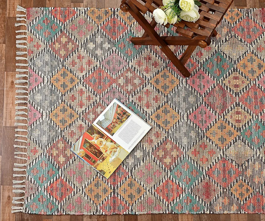 HOMADORN Handmade Sustainable Printed Modern Dhurrie/Rugs/Carpet upcycled from Scrap Fabric for Living Room/Bedside Runner for Enhanced Decor 