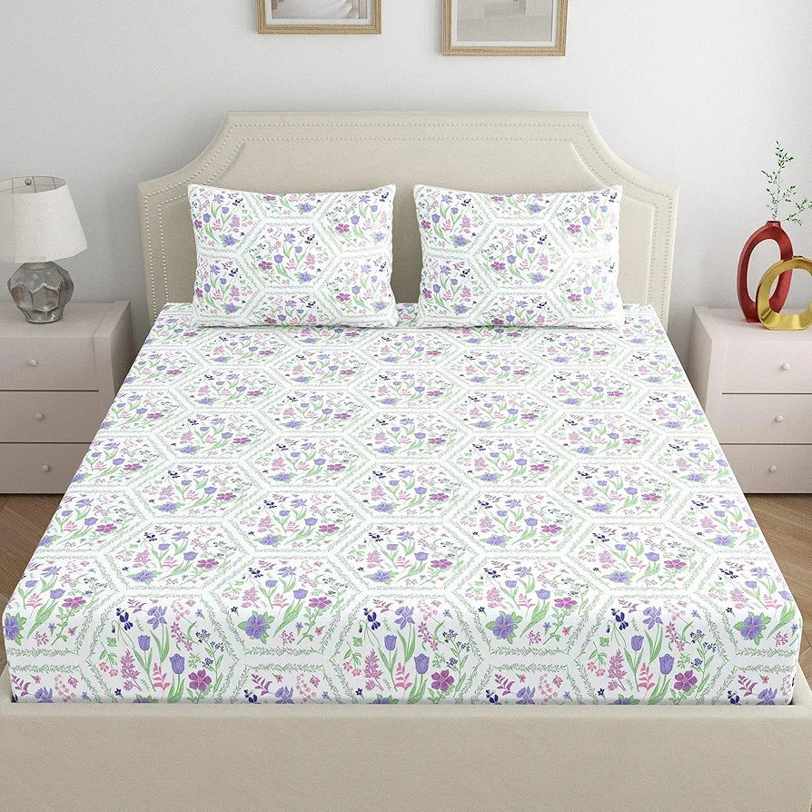 Dreamscape 100% Cotton King Fitted Bedsheet with 2 Pillow Covers - 