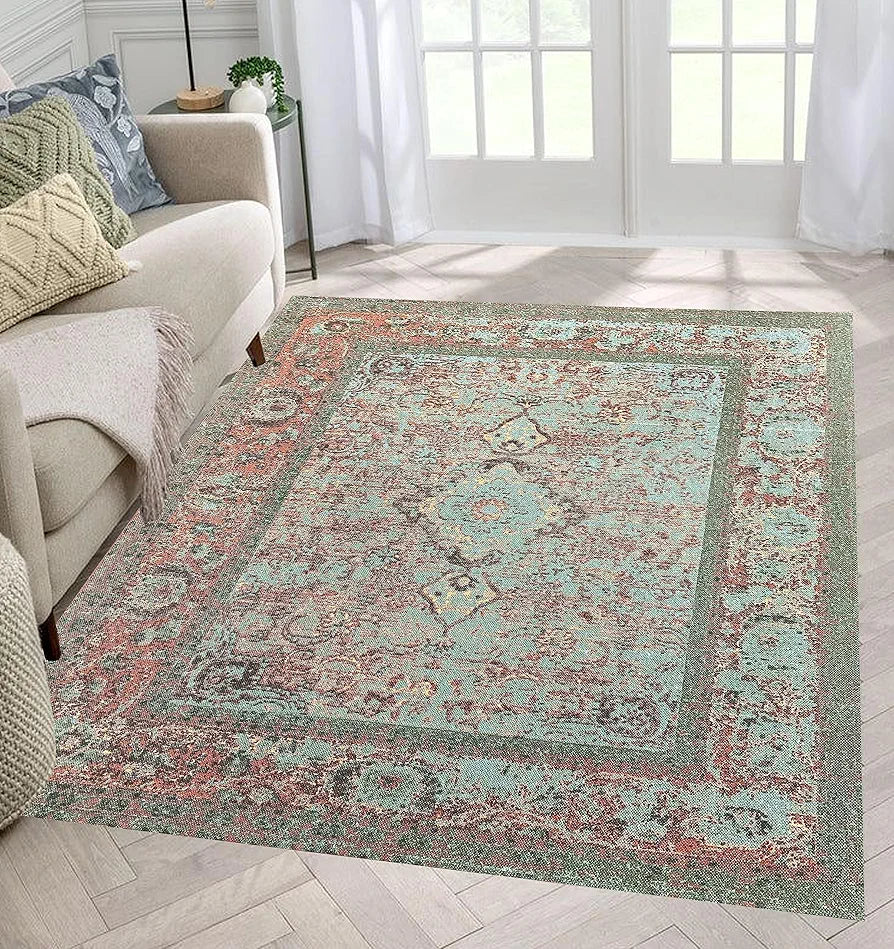 SAJAVAT HOME Cotton Printed Floor Rug | Soft and Durable Indoor Carpet for Living Room, Bedroom, Kitchen, and Home Decor | Green Multi Printed All-Season Area Rug | 4x6 Feet  | Pack of 1