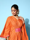 Ahalyaa Women Orange & Gold Toned Striped Flared Sleeves Gotta Patti Crepe Kaftan Kurta