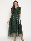 Ahalyaa Women Green Print Work Chanderi Silk Anarkali Kurta