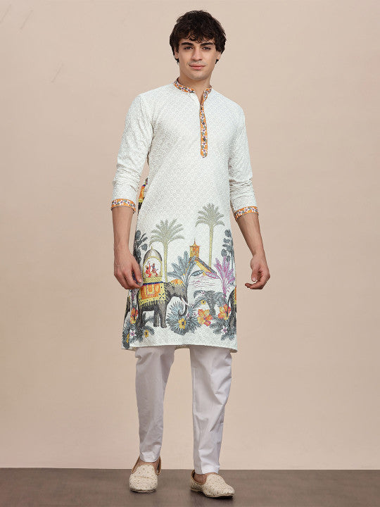 Anouk Men Ethnic Motifs Embroidered Thread Work Mandarin Collar Pure Cotton Straight Kurta