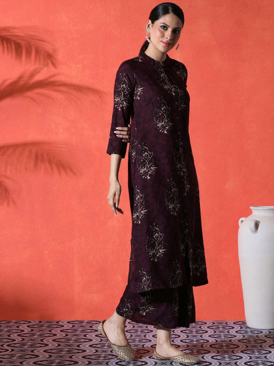 Sangria Floral Printed Mandarin Collar A-Line Kurta With Palazzos
