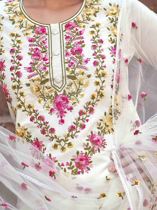 Tikhi Imli Women Embroidered Regular Thread Work Pure Cotton Kurta with Trousers & With Dupatta