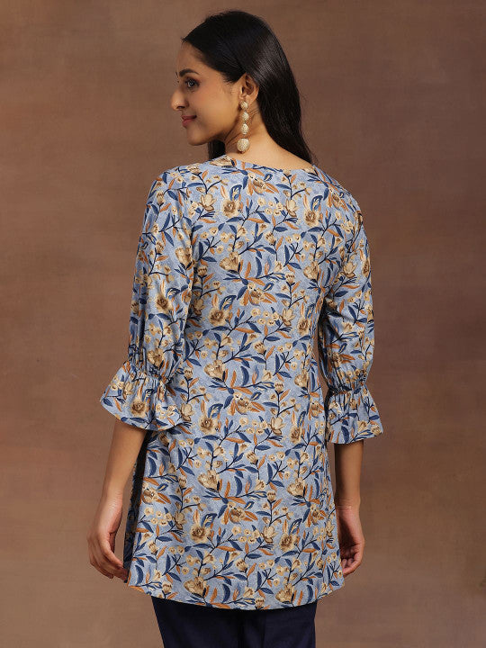 Floral Printed V-Neck Pleated Kurti