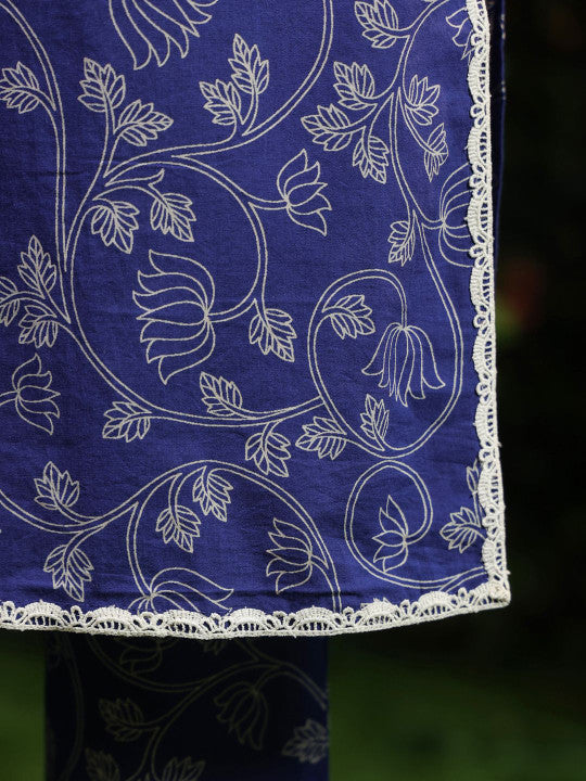 anayna Floral Printed Boat Neck Straight Pure Cotton Kurta With Trousers