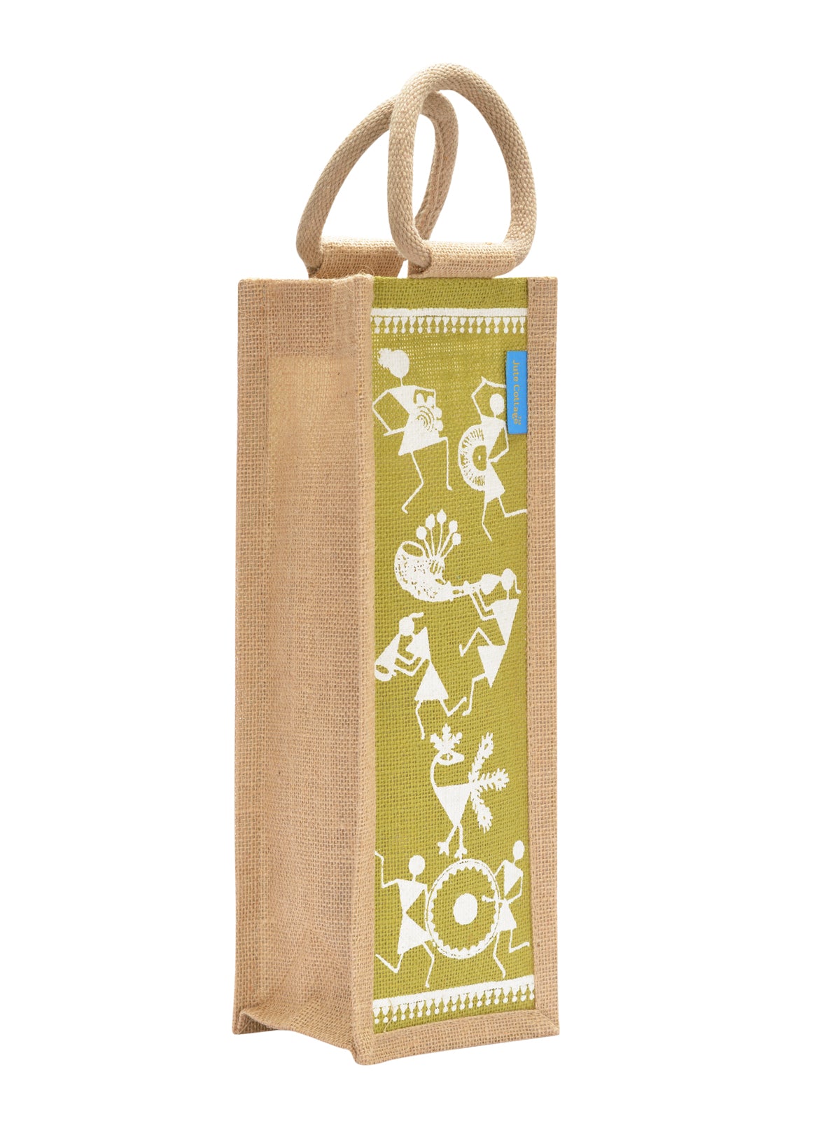 JUTE COTTAGE BOTTLE BAG WARLI PRINT, SUSTAINABLE, ECO-FRIENDLY, 100% GENUINE JUTE, STYLISH (NATURAL/BLACK 14X5X4.5)