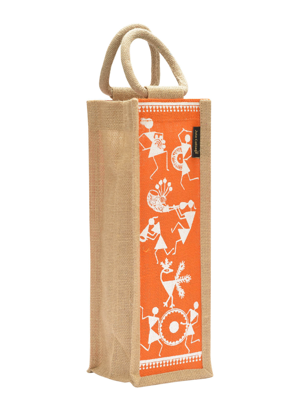 JUTE COTTAGE BOTTLE BAG WARLI PRINT, SUSTAINABLE, ECO-FRIENDLY, 100% GENUINE JUTE, STYLISH (NATURAL/BLACK 14X5X4.5)