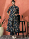 Sangria Floral Printed Mandarin Collar Panelled Pure Cotton A-Line Kurta