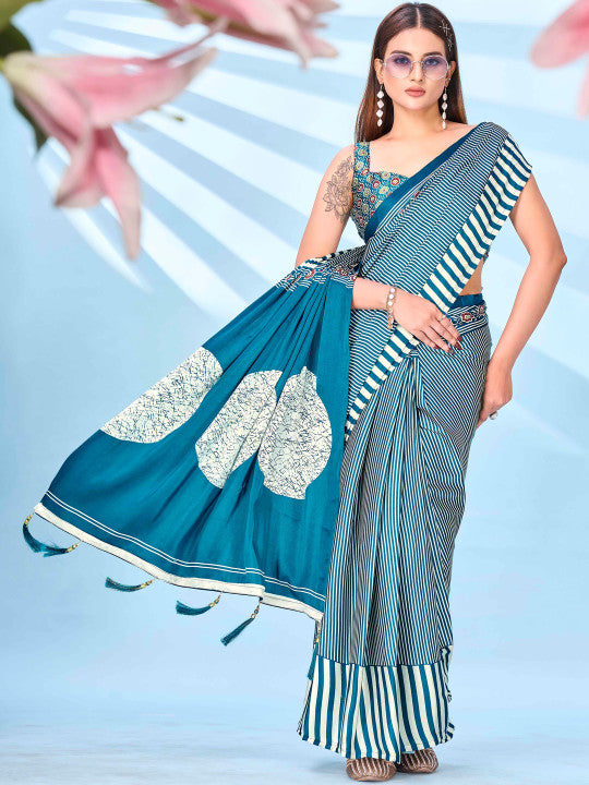 Tikhi Imli Striped Satin Ready To Wear Saree With Blouse Piece