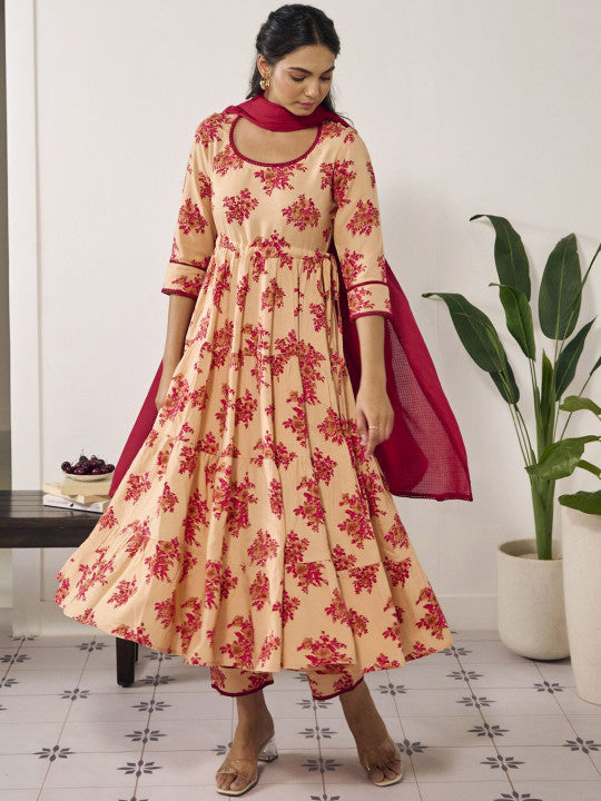 anayna Floral Printed Pure Cotton Anarkali Kurta with Trousers & Dupatta