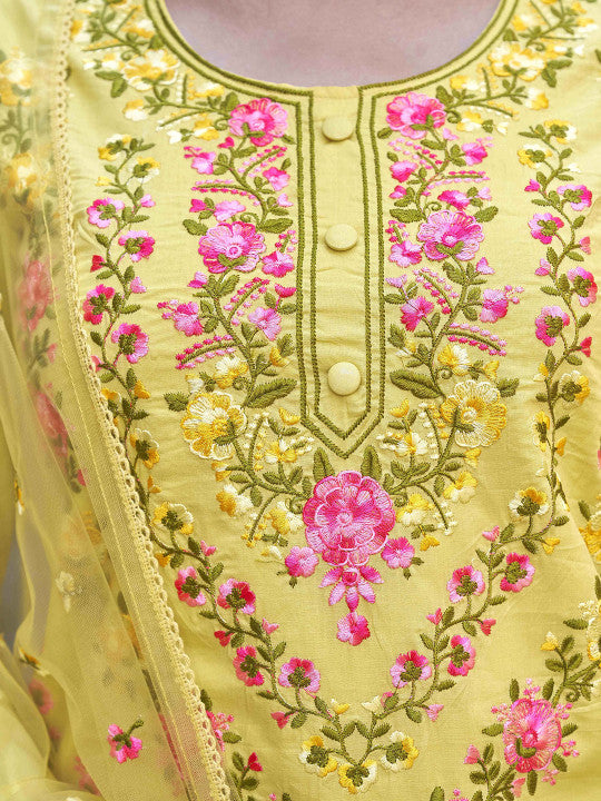 Tikhi Imli Women Embroidered Regular Thread Work Pure Cotton Kurta with Trousers & With Dupatta