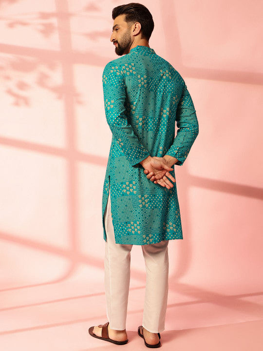 Anouk Floral Printed Band Collar Cotton Linen Straight Kurta