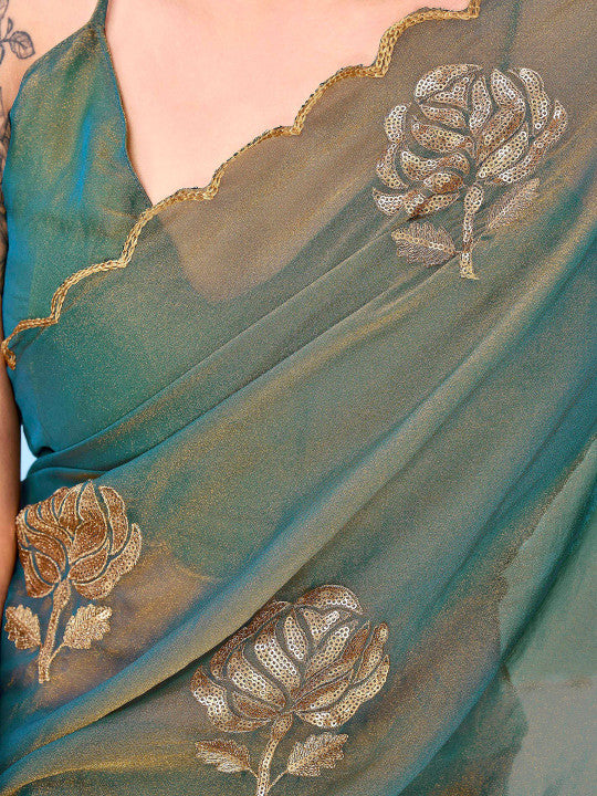 Tikhi Imli Floral Sequinned Embellished Satin Heavy Work Saree with Blouse Piece