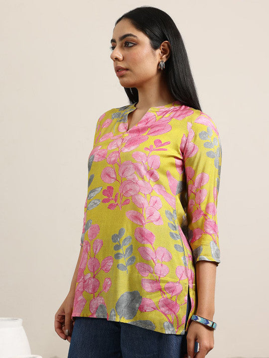 Women Silk Mandarin Collar Printed Tunic