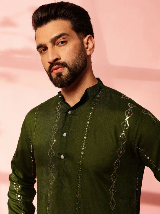 Geometric Embroidered Sequinned Cotton Straight Kurta