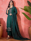 Sangria Floral Embroidered Thread Work Pure Silk Straight Kurta & Trousers With Dupatta