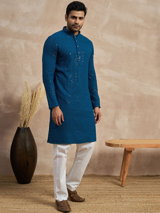 Anouk Floral Embroidered Band Collar Mirror Work Straight Kurta