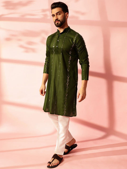 Geometric Embroidered Sequinned Cotton Straight Kurta