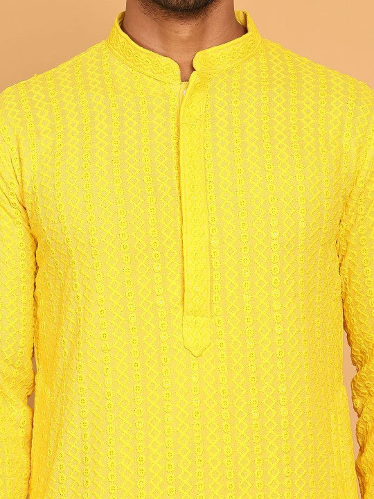 Yellow Geometric Embroidered Mandarin Collar Sequinned Straight Kurta