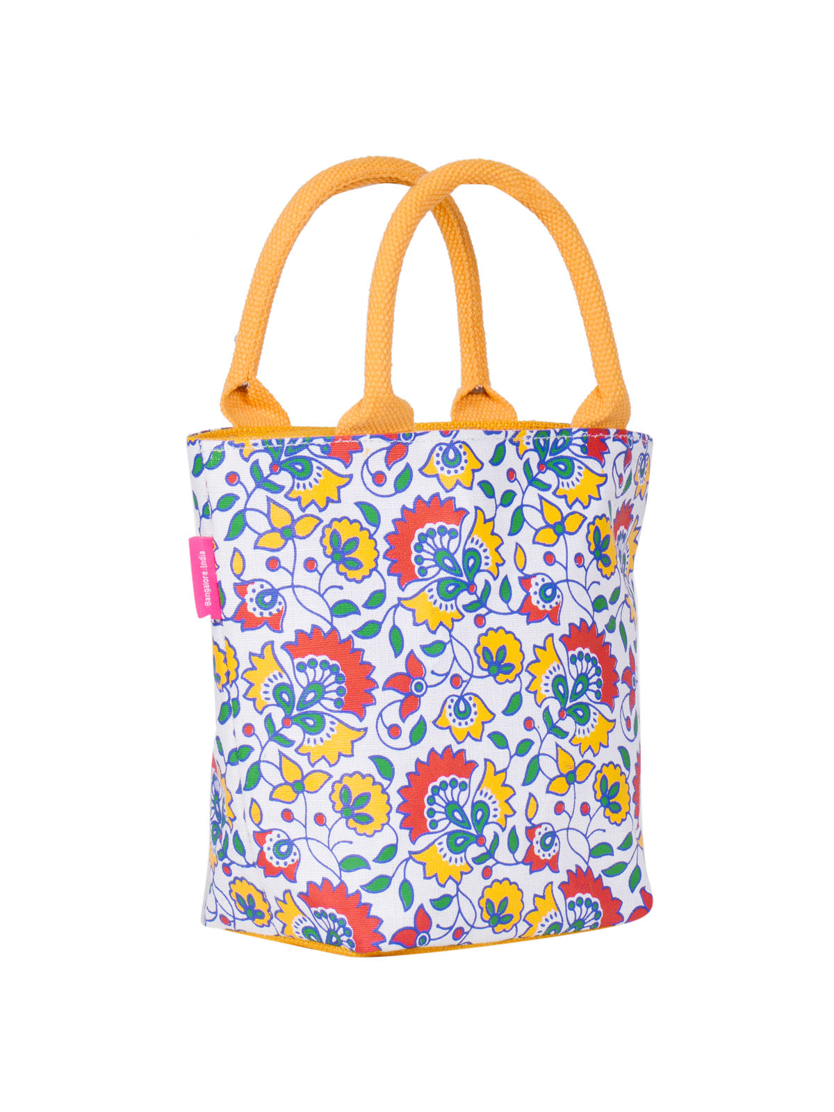 JUTE COTTAGE FLORAL PRINT JUCO ZIPPER LUNCH BAG, SUSTAINABLE, ECO-FRIENDLY, 100% GENUINE, STYLISH (YELLOW 9.5X12X4)