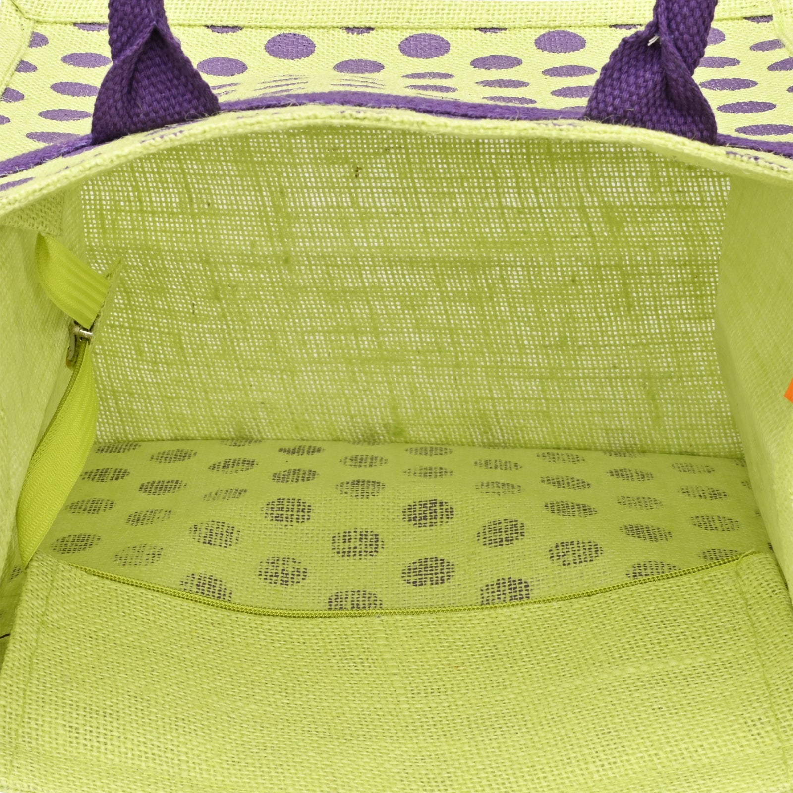 JUTE COTTAGE POLKA DOT ZIPPER LUNCH BAG, SUSTAINABLE, ECO-FRIENDLY, 100% GENUINE JUTE, STYLISH (GREEN 12X12X7)