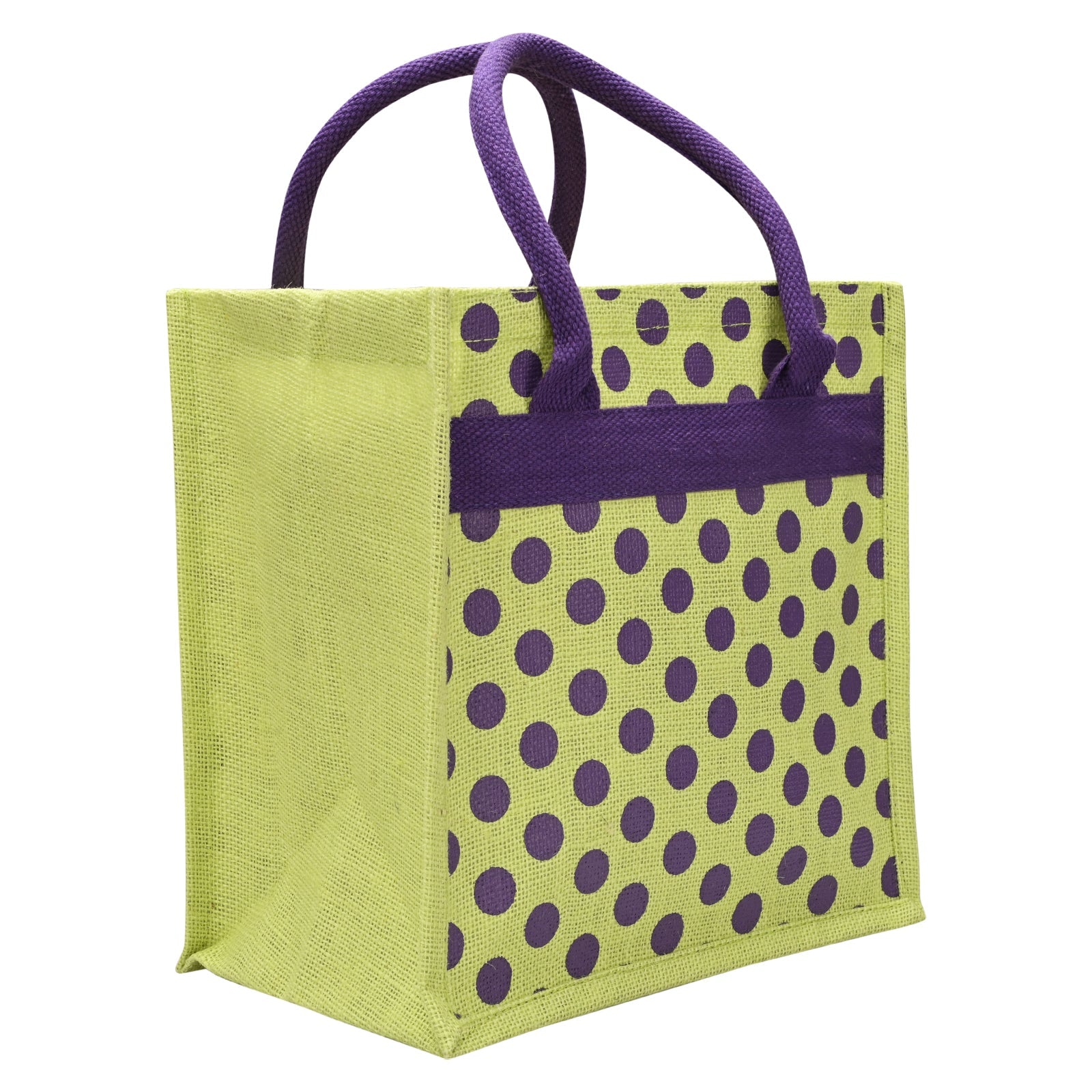 JUTE COTTAGE POLKA DOT ZIPPER LUNCH BAG, SUSTAINABLE, ECO-FRIENDLY, 100% GENUINE JUTE, STYLISH (GREEN 12X12X7)