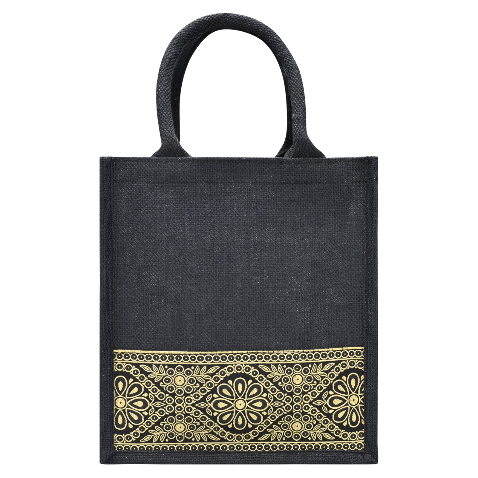 JUTE COTTAGE LACE ZIPPER LUNCH BAG, SUSTAINABLE, ECO-FRIENDLY, 100% GENUINE JUTE, STYLISH (BLACK 11X10X7)