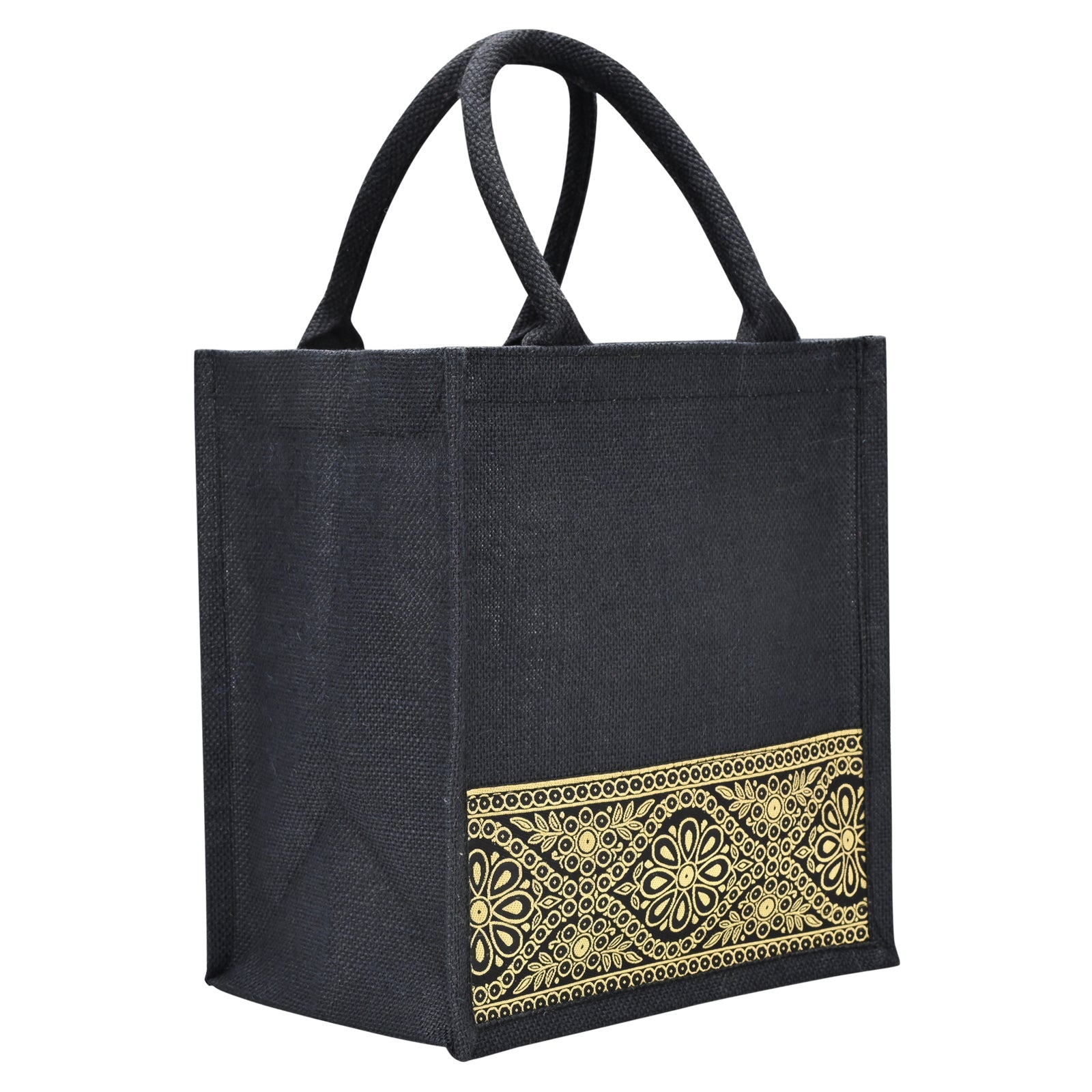 JUTE COTTAGE LACE ZIPPER LUNCH BAG, SUSTAINABLE, ECO-FRIENDLY, 100% GENUINE JUTE, STYLISH (BLACK 11X10X7)