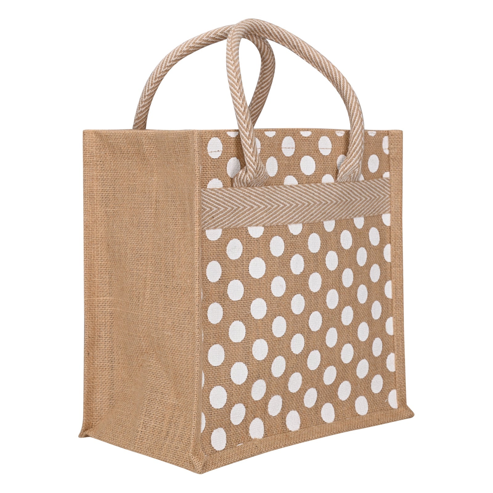 JUTE COTTAGE POLKA DOT ZIPPER LUNCH BAG, SUSTAINABLE, ECO-FRIENDLY, 100% GENUINE JUTE, STYLISH (NATURAL 12X12X7)