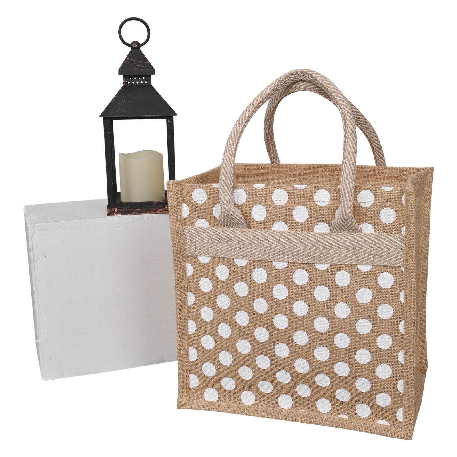 JUTE COTTAGE POLKA DOT ZIPPER LUNCH BAG, SUSTAINABLE, ECO-FRIENDLY, 100% GENUINE JUTE, STYLISH (NATURAL 12X12X7)