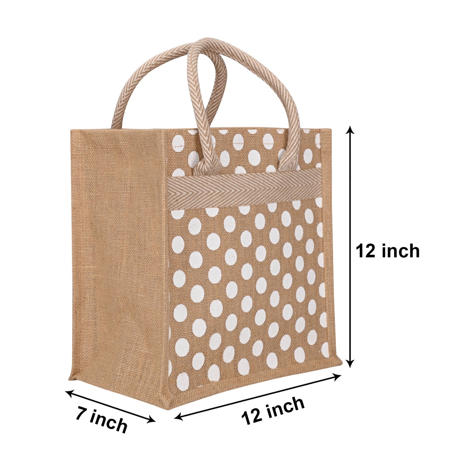 JUTE COTTAGE POLKA DOT ZIPPER LUNCH BAG, SUSTAINABLE, ECO-FRIENDLY, 100% GENUINE JUTE, STYLISH (NATURAL 12X12X7)