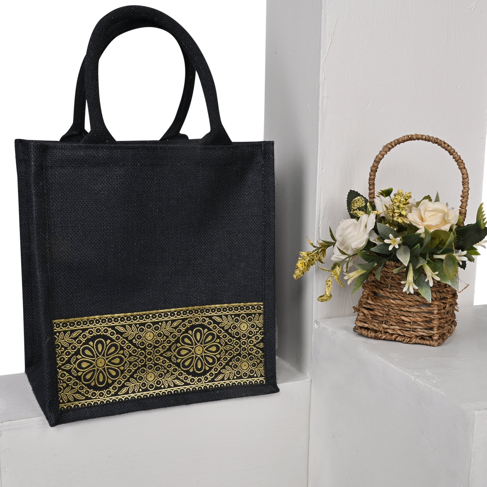 JUTE COTTAGE LACE ZIPPER LUNCH BAG, SUSTAINABLE, ECO-FRIENDLY, 100% GENUINE JUTE, STYLISH (BLACK 11X10X7)