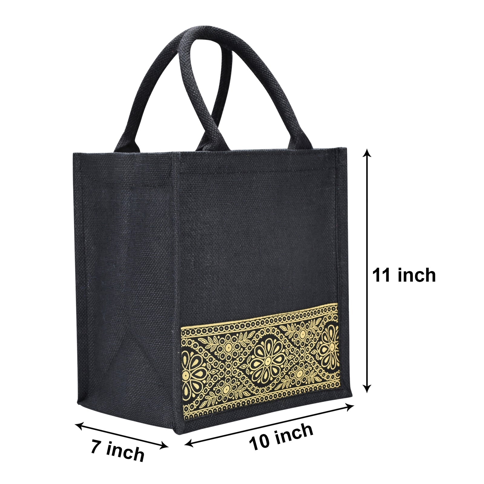 JUTE COTTAGE LACE ZIPPER LUNCH BAG, SUSTAINABLE, ECO-FRIENDLY, 100% GENUINE JUTE, STYLISH (BLACK 11X10X7)
