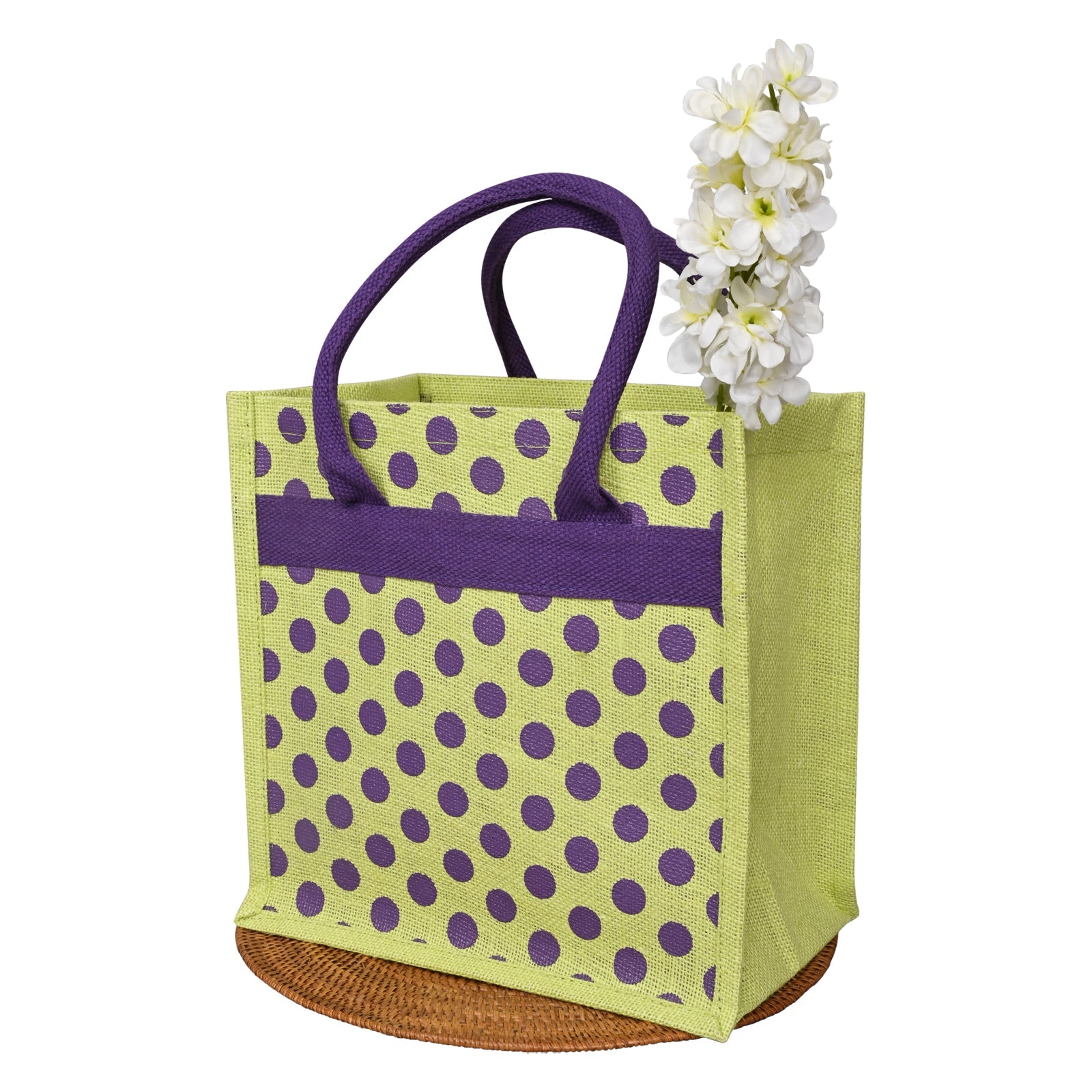 JUTE COTTAGE POLKA DOT ZIPPER LUNCH BAG, SUSTAINABLE, ECO-FRIENDLY, 100% GENUINE JUTE, STYLISH (GREEN 12X12X7)