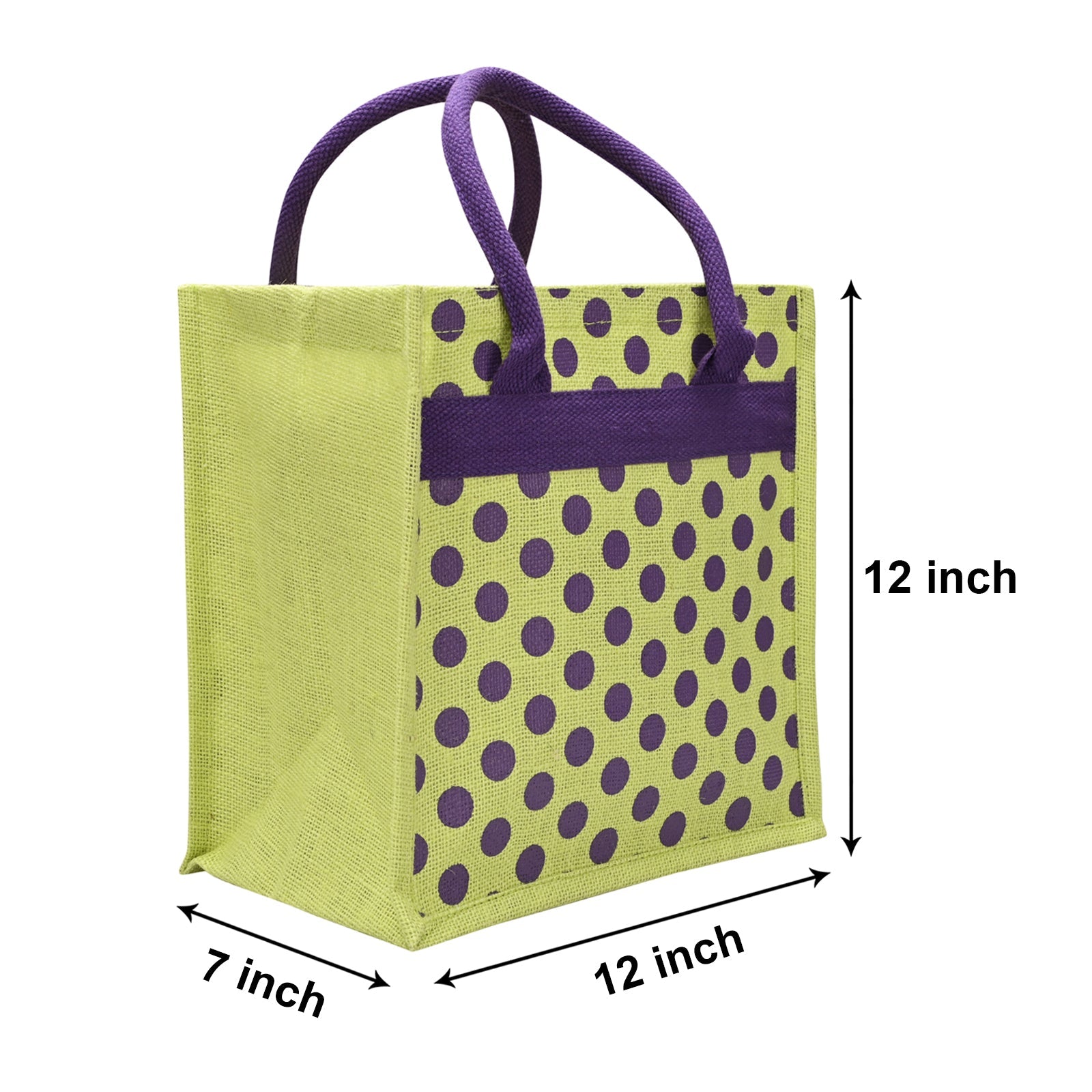 JUTE COTTAGE POLKA DOT ZIPPER LUNCH BAG, SUSTAINABLE, ECO-FRIENDLY, 100% GENUINE JUTE, STYLISH (GREEN 12X12X7)