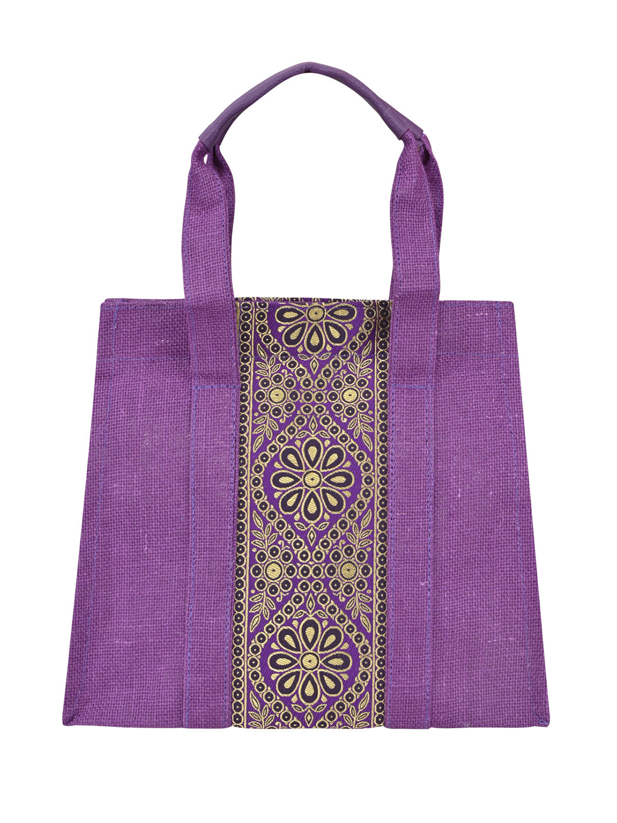 JUTE COTTAGE VERTICAL LACE ZIPPER LUNCH BAG, SUSTAINABLE, ECO-FRIENDLY, STYLISH JUTE BAG (PURPLE 10X10X6)