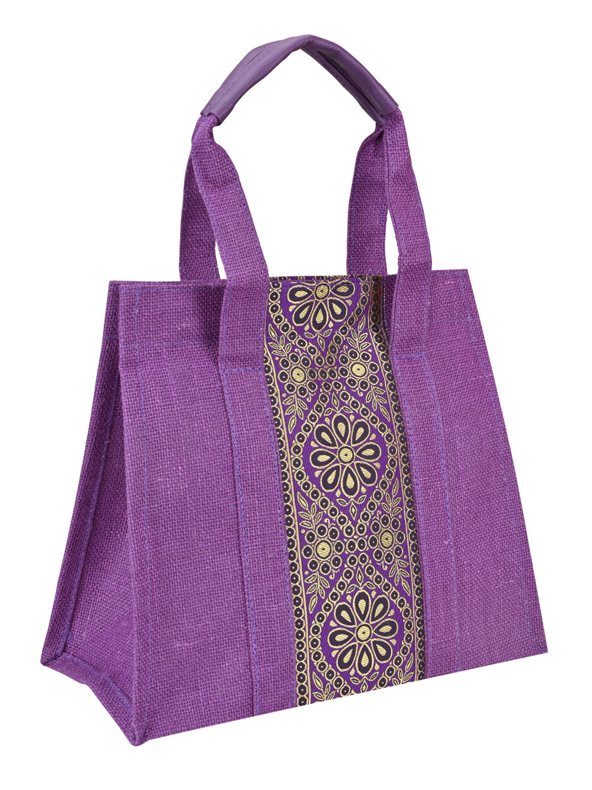 JUTE COTTAGE VERTICAL LACE ZIPPER LUNCH BAG, SUSTAINABLE, ECO-FRIENDLY, STYLISH JUTE BAG (PURPLE 10X10X6)