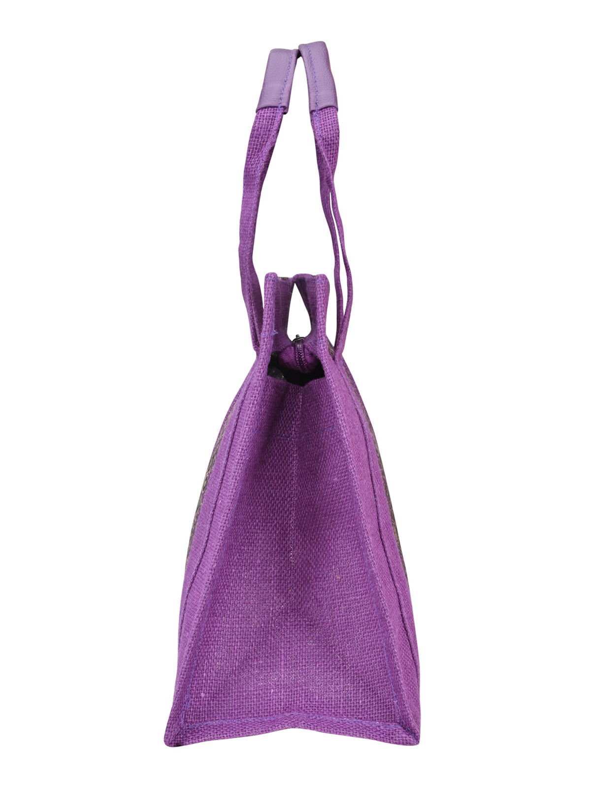 JUTE COTTAGE VERTICAL LACE ZIPPER LUNCH BAG, SUSTAINABLE, ECO-FRIENDLY, STYLISH JUTE BAG (PURPLE 10X10X6)