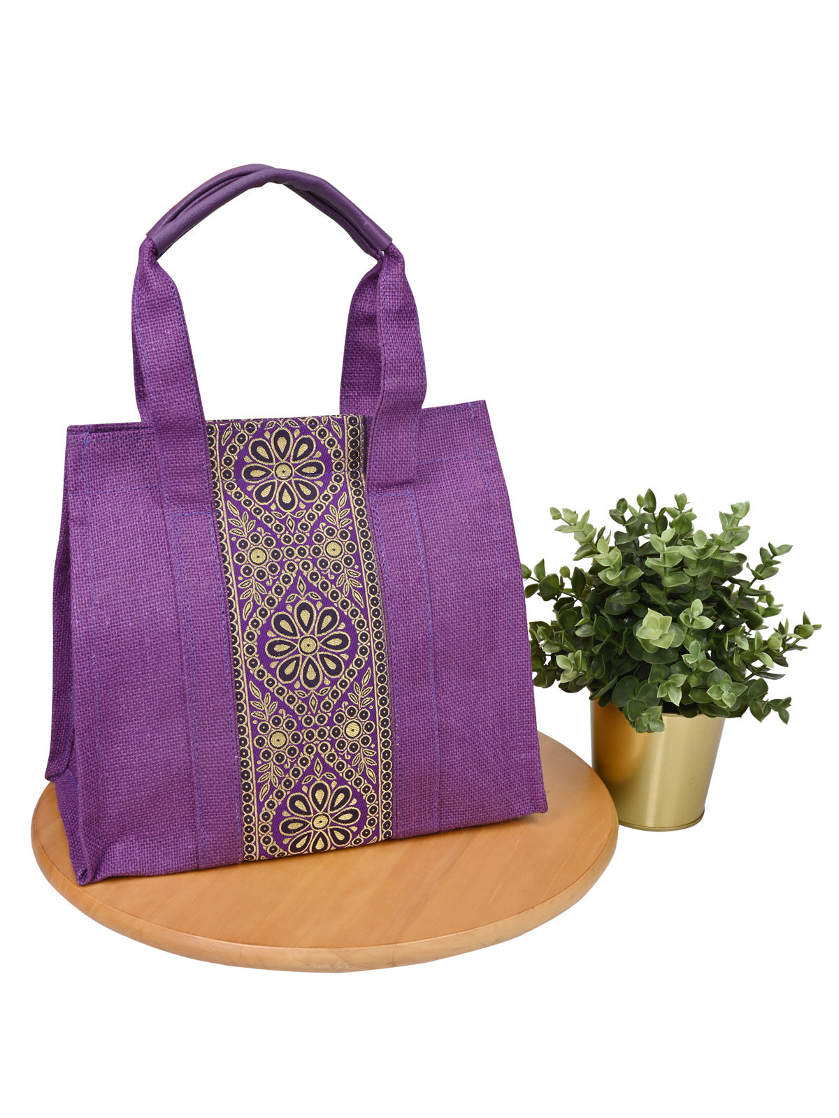 JUTE COTTAGE VERTICAL LACE ZIPPER LUNCH BAG, SUSTAINABLE, ECO-FRIENDLY, STYLISH JUTE BAG (PURPLE 10X10X6)