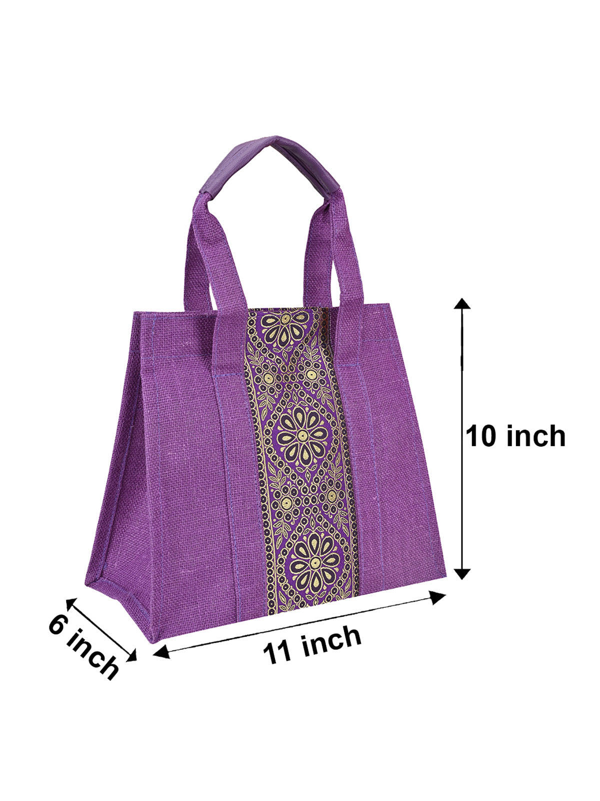 JUTE COTTAGE VERTICAL LACE ZIPPER LUNCH BAG, SUSTAINABLE, ECO-FRIENDLY, STYLISH JUTE BAG (PURPLE 10X10X6)