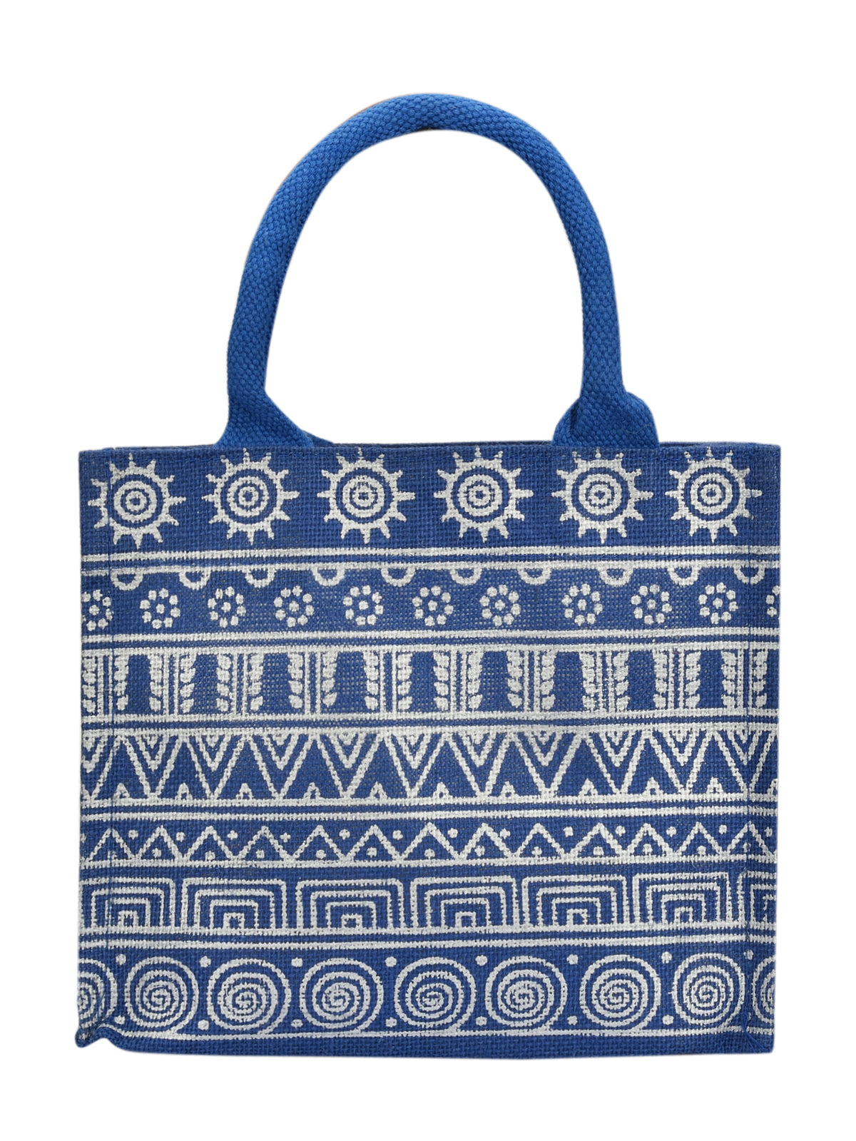 JUTE COTTAGE AZTEC PRINT ZIPPER LUNCH BAG, SUSTAINABLE, ECO-FRIENDLY, STYLISH, 100% GENUINE JUTE (BLUE - 8X10X6)