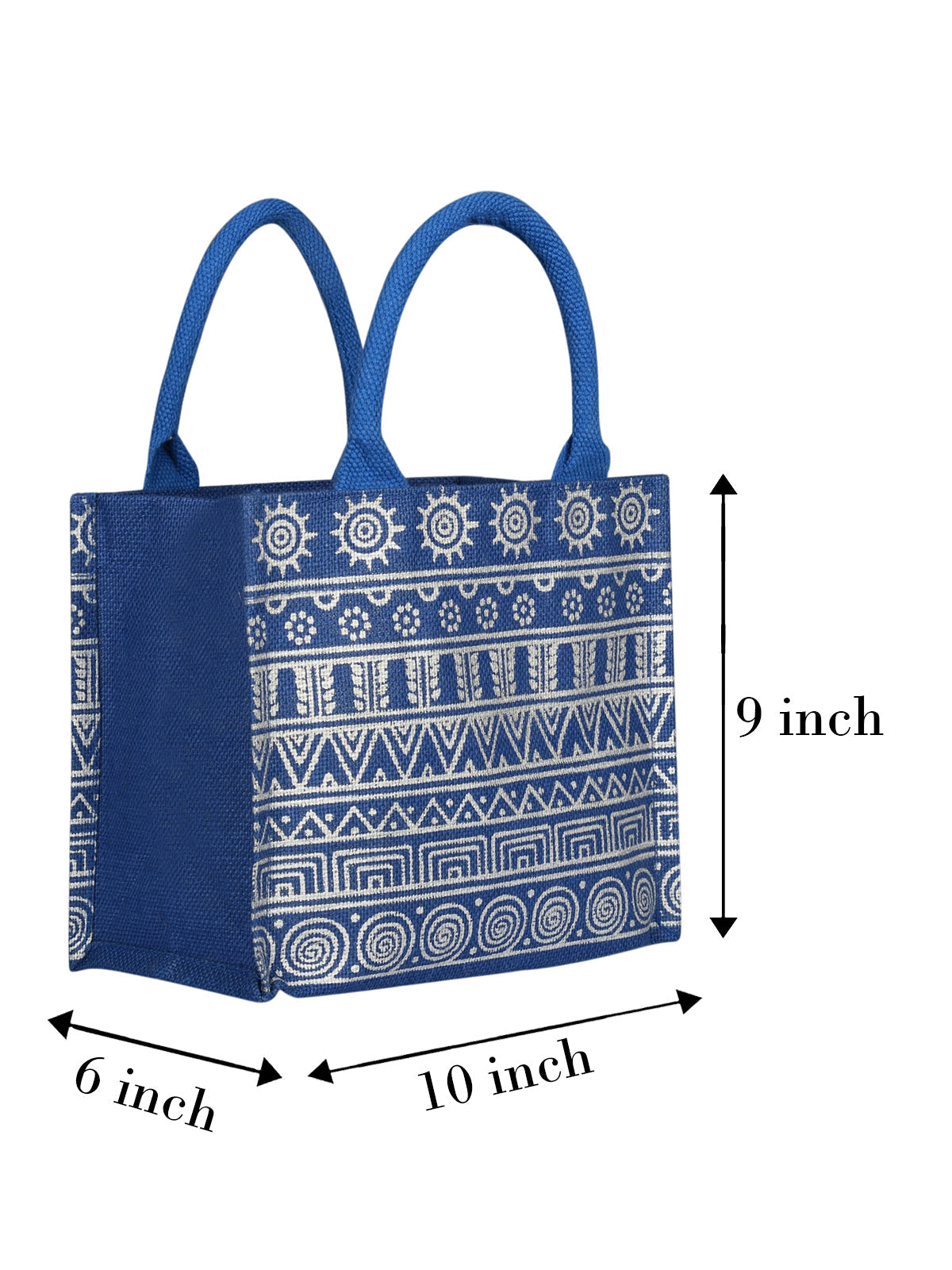 JUTE COTTAGE AZTEC PRINT ZIPPER LUNCH BAG, SUSTAINABLE, ECO-FRIENDLY, STYLISH, 100% GENUINE JUTE (BLUE - 8X10X6)