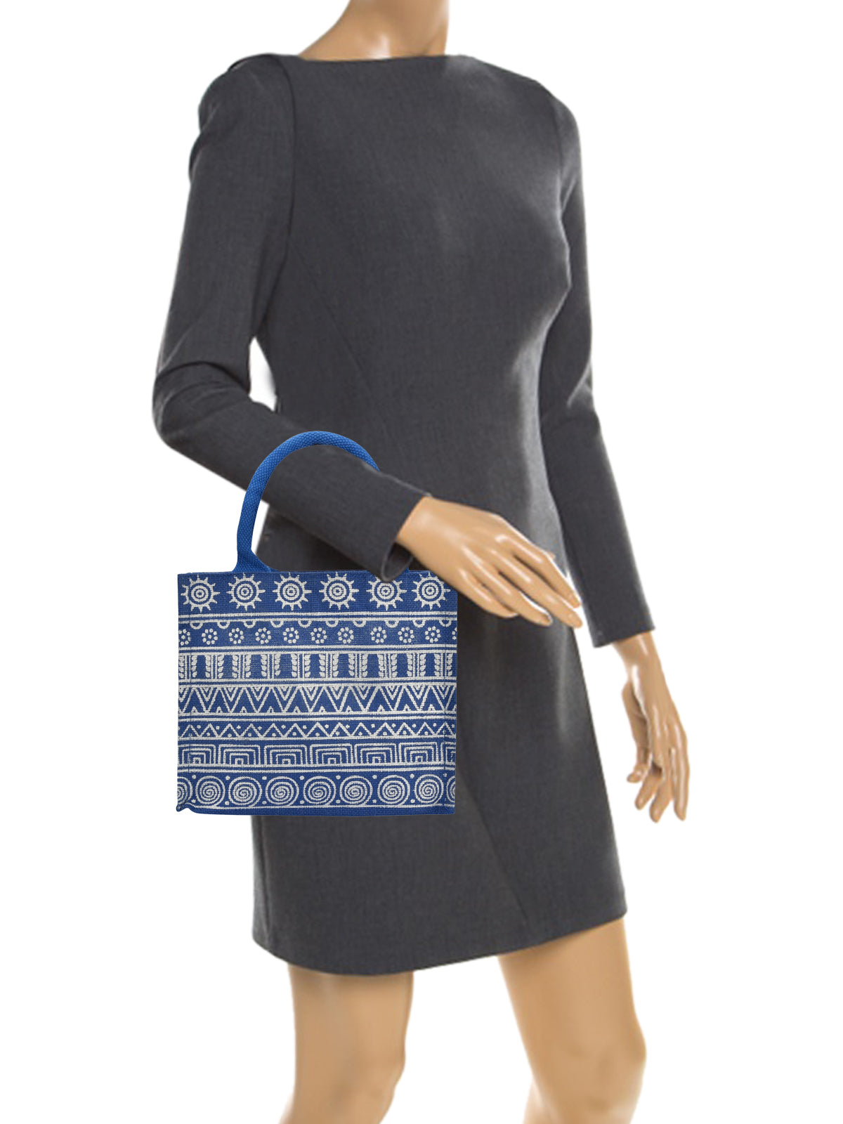 JUTE COTTAGE AZTEC PRINT ZIPPER LUNCH BAG, SUSTAINABLE, ECO-FRIENDLY, STYLISH, 100% GENUINE JUTE (BLUE - 8X10X6)