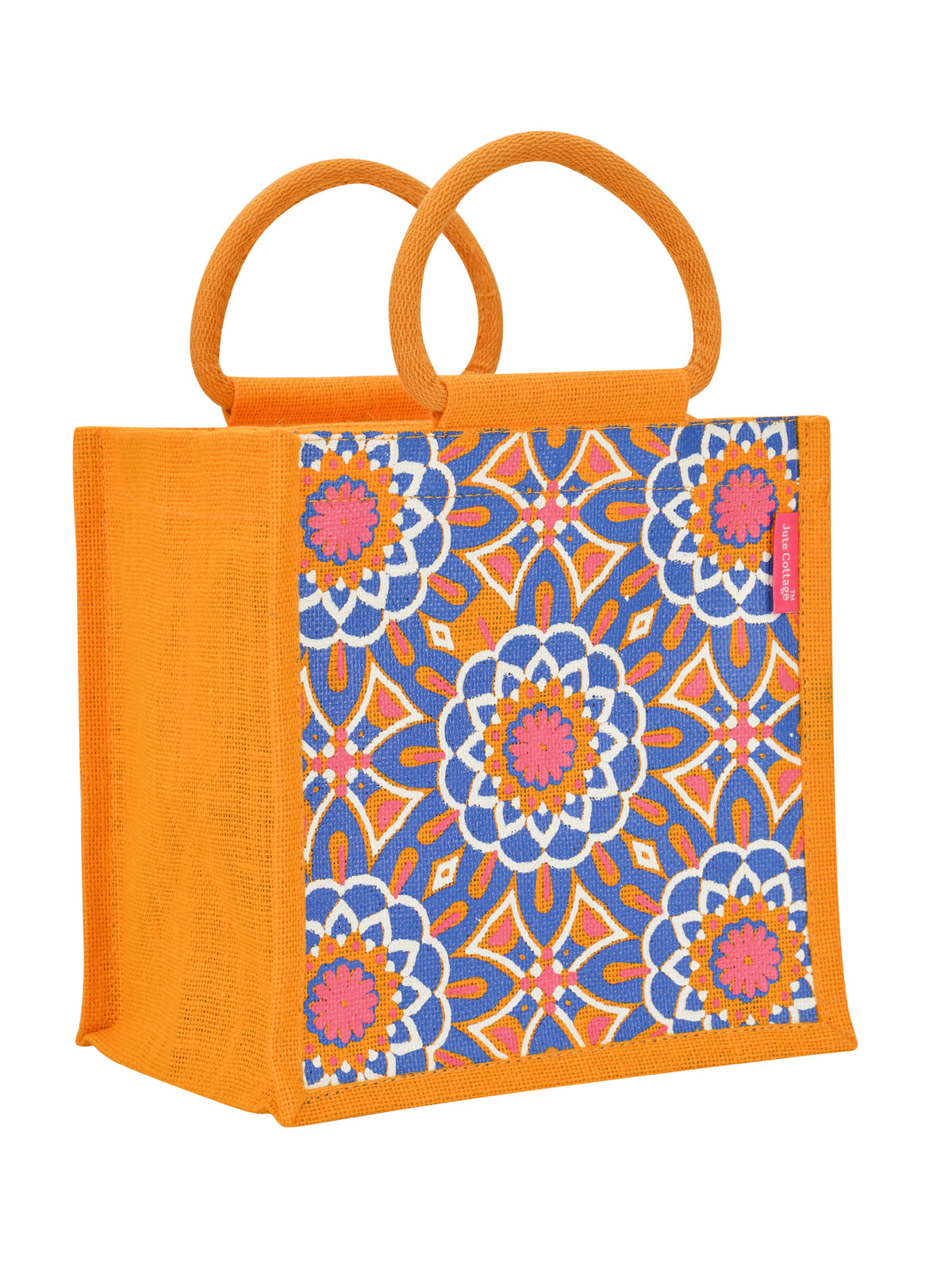 JUTE COTTAGE MUGHAL PRINT ZIPPER LUNCH BAG, SUSTAINABLE, ECO-FRIENDLY, 100% GENUINE, STYLISH JUTE BAG (TURQUOISE BLUE 10X10X7)